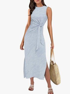 Striped Sleeveless Knot-Front Midi Dress in Blue & White